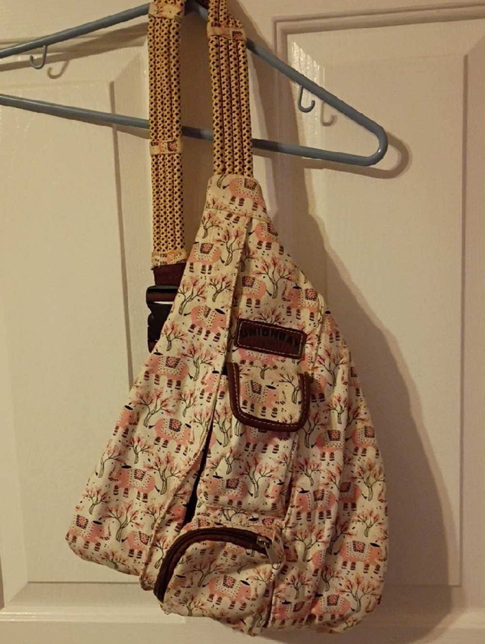 Union Bay Elephant Patterned Cream Sling Bag with Pink Accents - Women